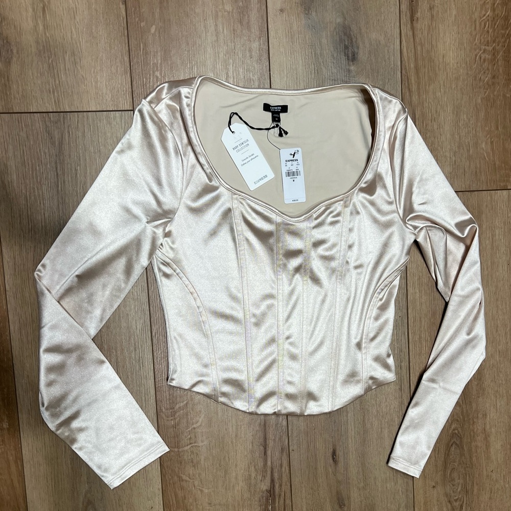 Express Shimmering Cream Long Sleeve Body Contour Smoothing Top Medium NWT